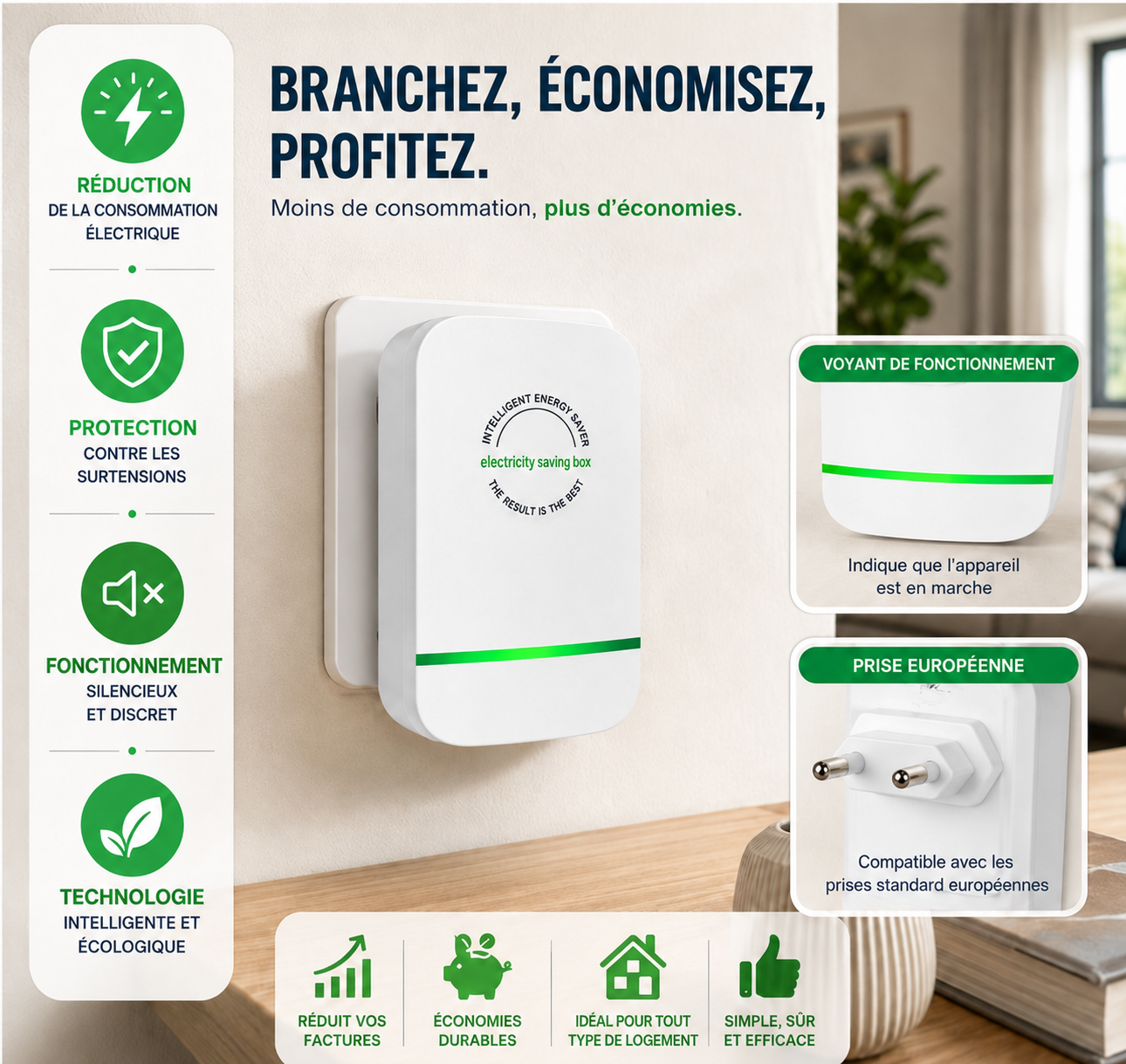 Adaptateur électrique intelligent économiseur d'énergie -65%